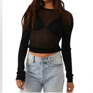 FREE PEOPLE H2O CREW PULLOVER GOLDEN STRETCH KNIT OPEN WEAVE BLACK EXTRA…